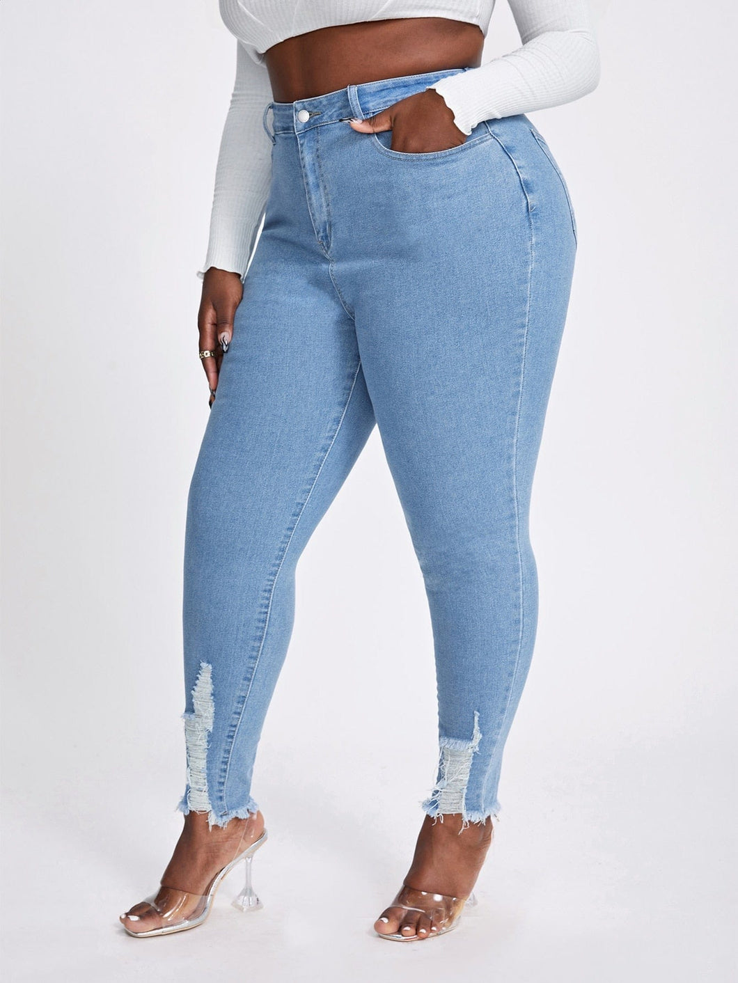 Love God. Store Large Size Jeans SXY Large High Waisted Light Wash Ripped Raw Hem Skinny Jeans price