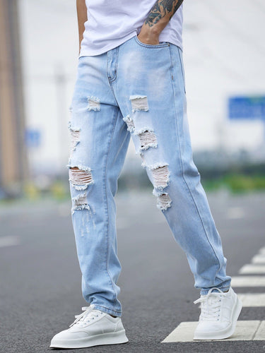 Love God. Store Men Jeans Men Ripped Frayed Cut Out Bleach Wash Jeans price