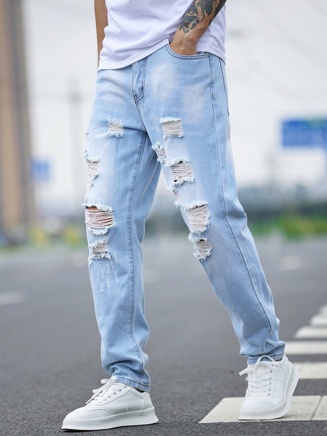 Love God. Store Men Jeans Men Ripped Frayed Cut Out Bleach Wash Jeans price