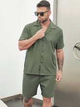 Cargar imagen en el visor de la galería, Love God. Store Men Two-piece Outfits Army Green / 2XL Larger Size Men Lapel Collar Button Up Shirt With Shorts price
