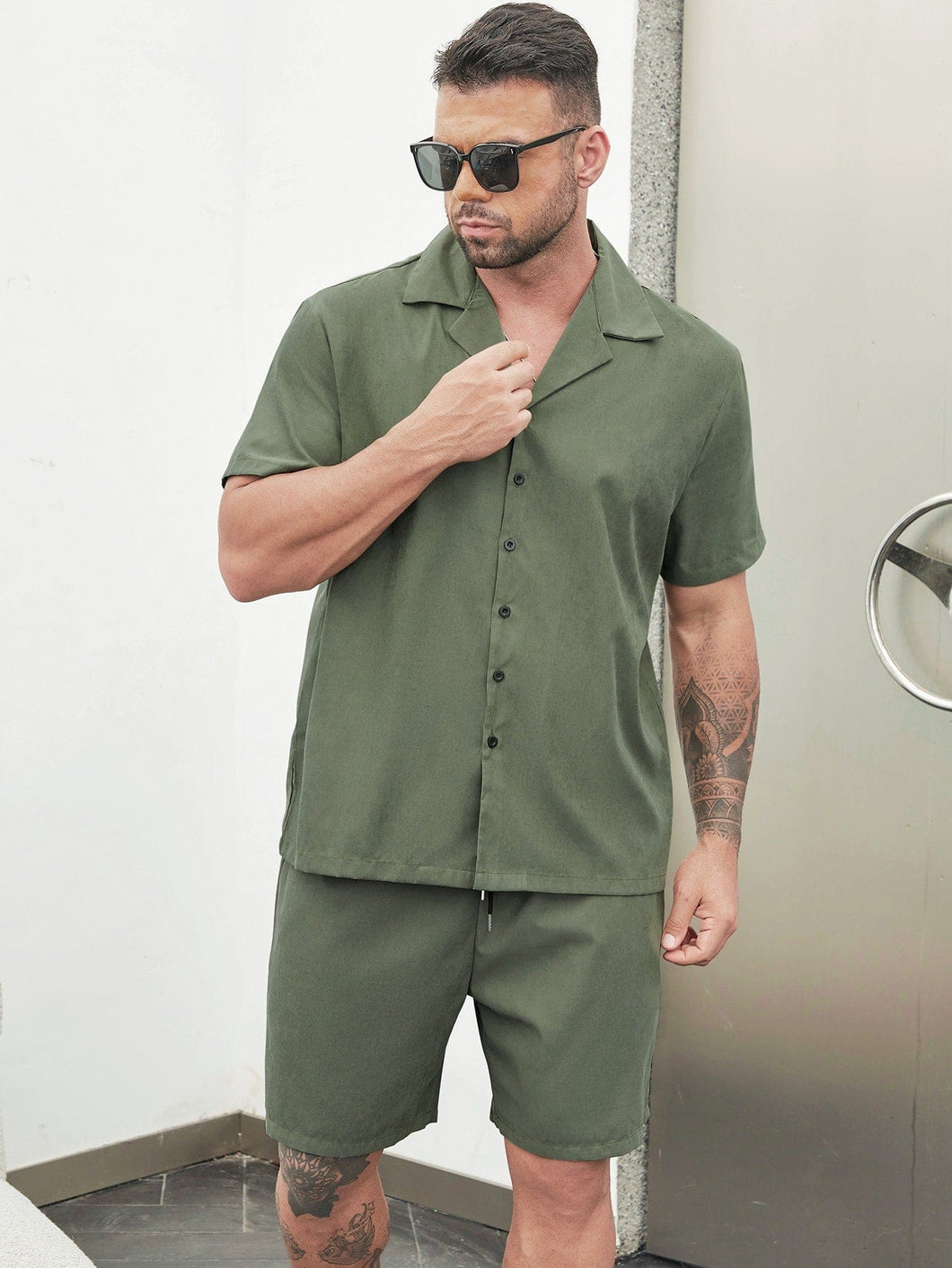 Love God. Store Men Two-piece Outfits Army Green / 2XL Larger Size Men Lapel Collar Button Up Shirt With Shorts price