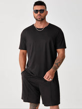 Cargar imagen en el visor de la galería, Love God. Store Men Two-piece Outfits Black / 2XL Larger Size Men Solid Tee Slant Pocket Shorts price
