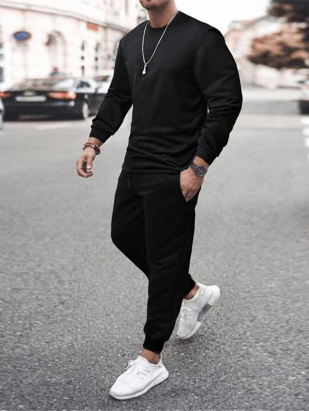 Love God. Store Men Two-piece Outfits Black / S Men Solid Pullover Drawstring Waist Sweatpants price