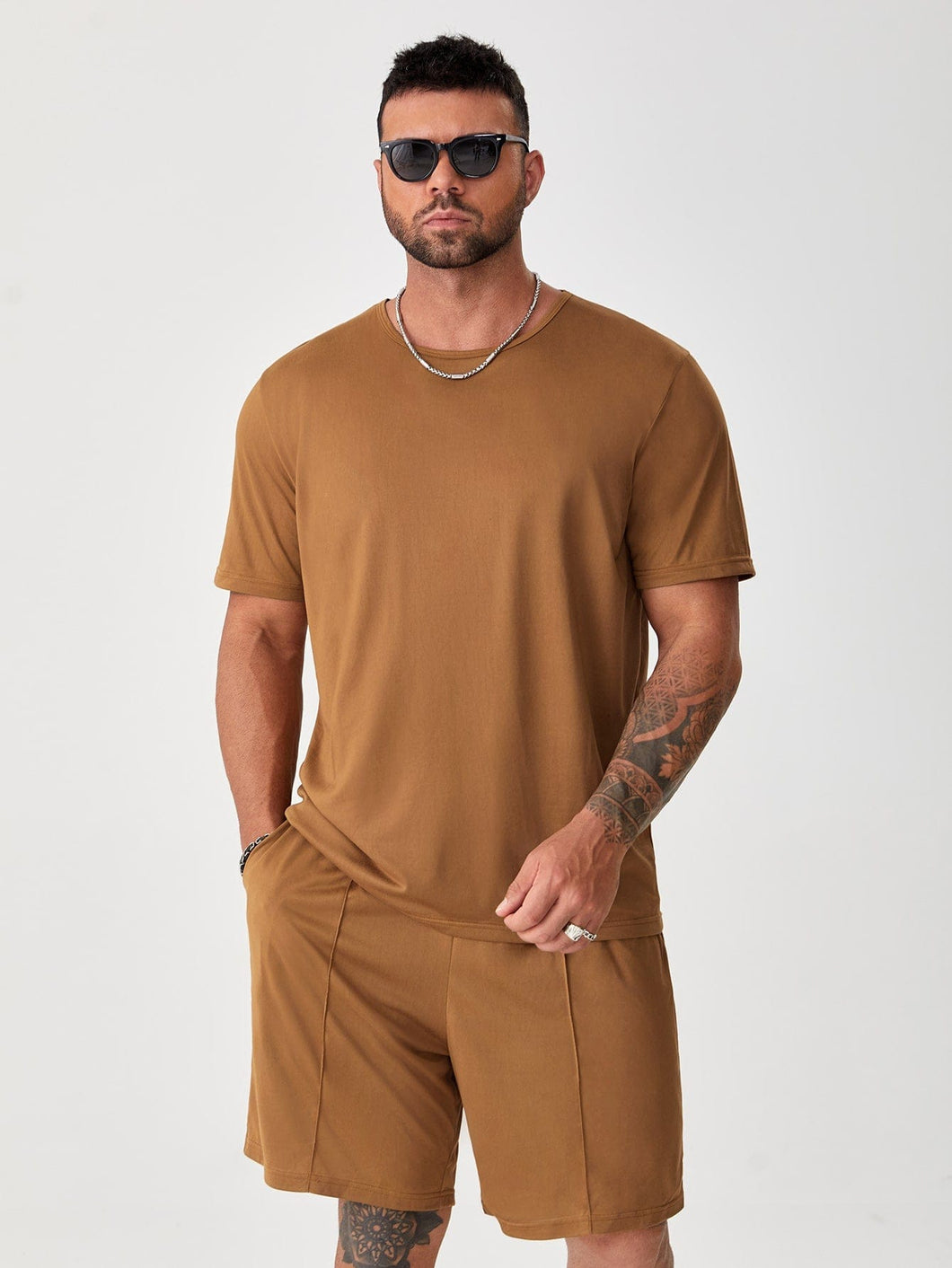 Love God. Store Men Two-piece Outfits Brown / 2XL Larger Size Men Solid Tee Slant Pocket Shorts price