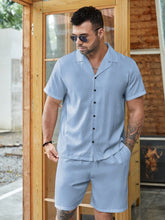 Charger l&#39;image dans la galerie, Love God. Store Men Two-piece Outfits Dusty Blue / 2XL Larger Size Men Lapel Collar Button Up Shirt With Shorts price
