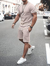 Load image into Gallery viewer, Love God. Store Men Two-piece Outfits Khaki / S Men Solid Tee Drawstring Waist Shorts price
