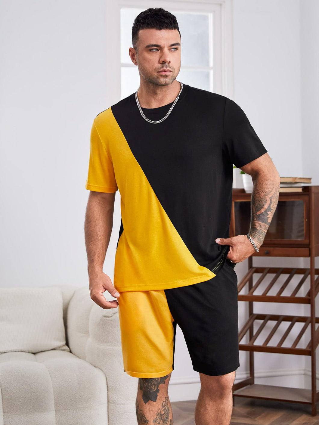 Love God. Store Men Two-piece Outfits Larger Size Men Colorblock Tee Drawstring Waist Shorts price