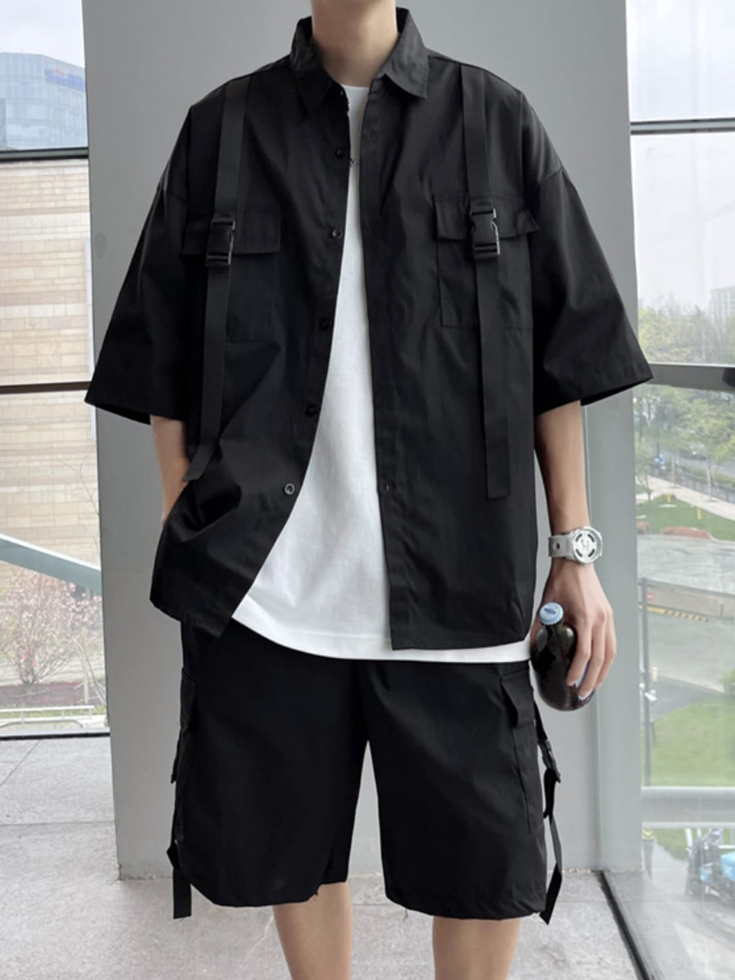 Love God. Store Men Two-piece Outfits Men Buckled Flap Pocket Drop Shoulder Shirt Drawstring Shorts Without Tee price