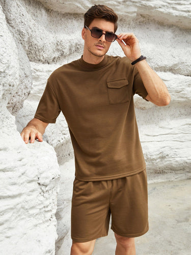 Love God. Store Men Two-piece Outfits Men Flap Pocket Mock Neck Tee Shorts price