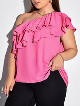 Load image into Gallery viewer, Love God. Store Plus Size Blouses 0XL Plus One Shoulder Layered Ruffle Trim Blouse price
