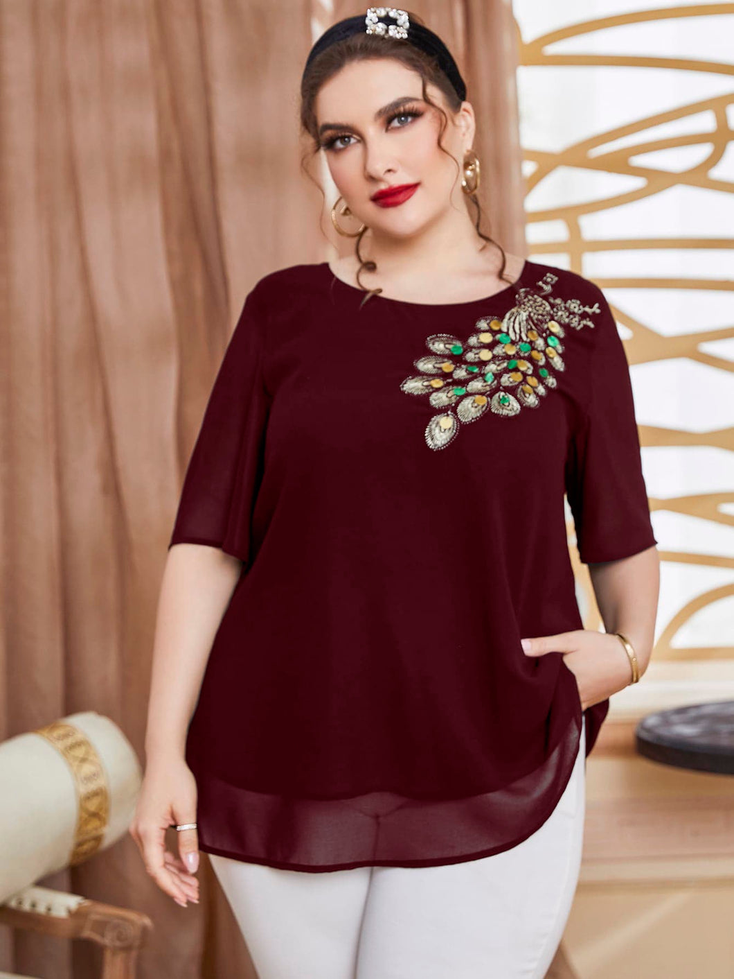 Love God. Store Plus Size Blouses Burgundy / 0XL Plus Peacock Embroidery Blouse price