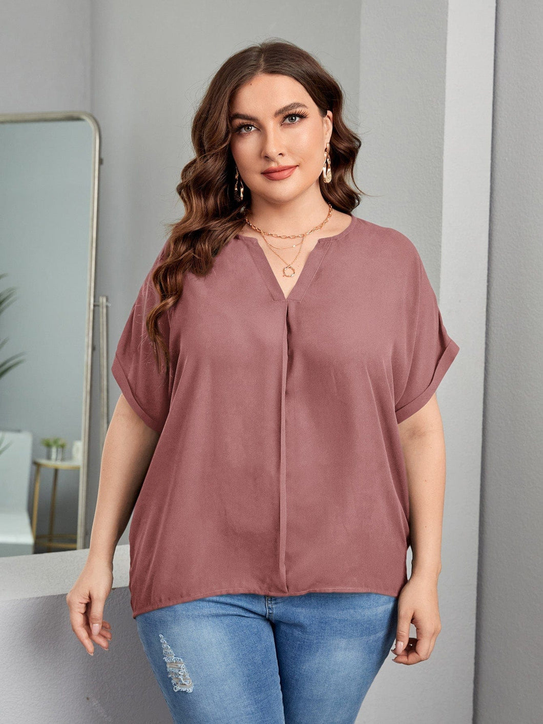 Love God. Store Plus Size Blouses Dusty Pink / 1XL Plus Notched Neck Batwing Sleeve Roll Cuff Blouse price