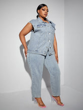 Cargar imagen en el visor de la galería, Love God. Store Plus Size Denim Two-piece Outfits SXY Plus Button Front Denim Jacket Jeans price
