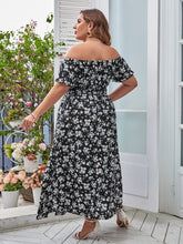 Load image into Gallery viewer, Love God. Store Plus Size Dresses Plus Floral Print Off Shoulder Puff Sleeve Split Thigh Dress price
