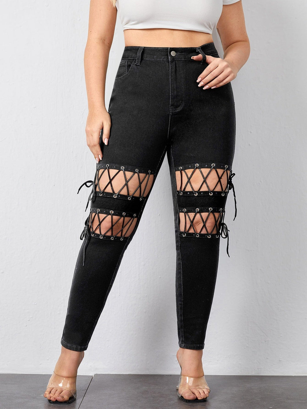 Love God. Store Plus Size Jeans Plus High Waist Eyelet Lace Up Knot Cut out Skinny Jeans price