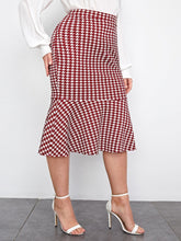 Load image into Gallery viewer, Love God. Store Plus Size Skirts Burgundy / 0XL Large Ruffle Hem Houndstooth Skirt price
