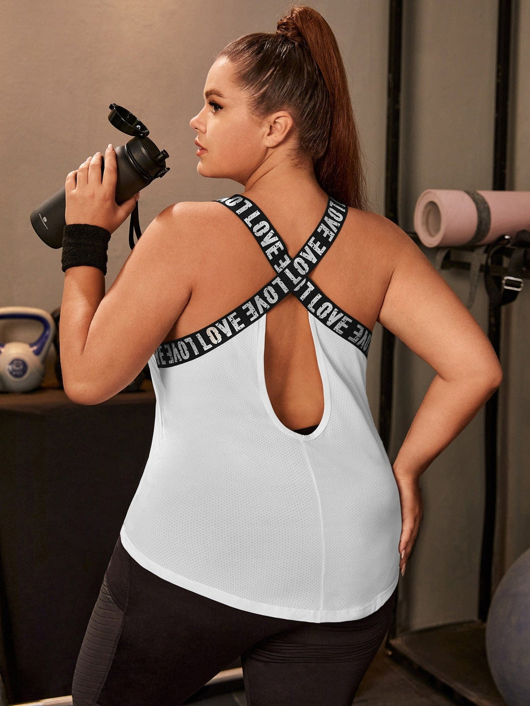Love God. Store Plus Size Sports Tops Plus Letter Tape Criss Cross Cut Out Back Sports Tank Top price
