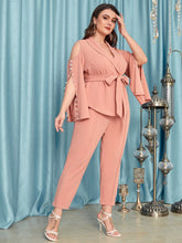 Load image into Gallery viewer, Love God. Store Plus Size Suit Sets Coral Pink / 0XL Plus Split Sleeve Belted Blazer Pants Suit Set price
