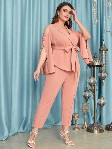 Love God. Store Plus Size Suit Sets Coral Pink / 0XL Plus Split Sleeve Belted Blazer Pants Suit Set price