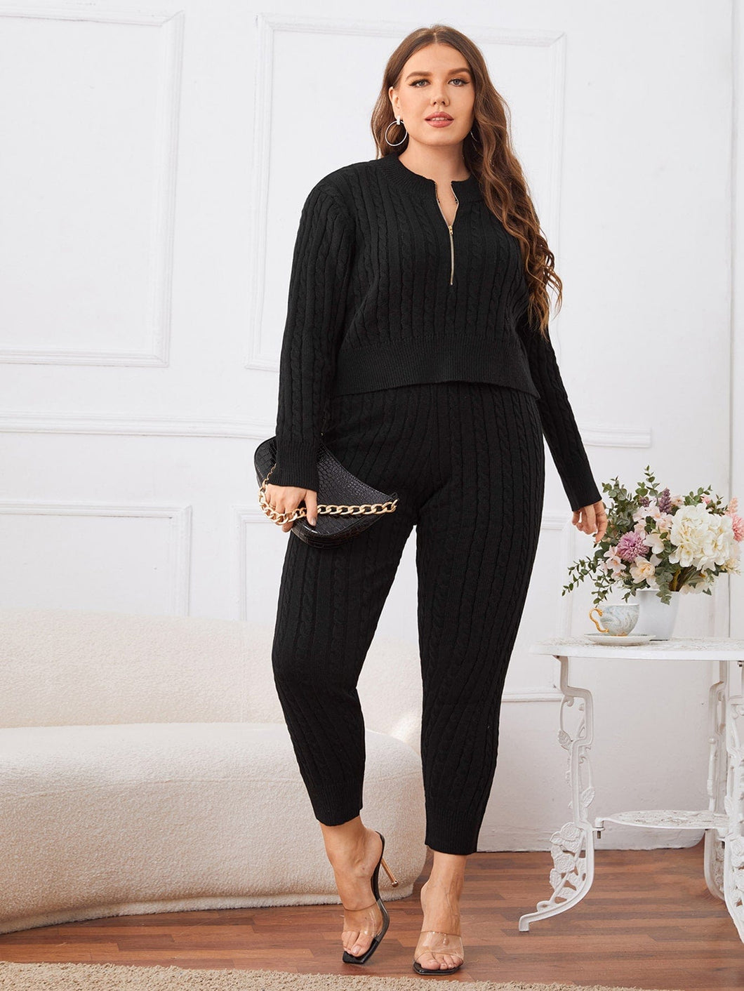 Love God. Store Plus Size Sweater Co-ords Plus Half Zip Cable Knit Sweater Pants Set price