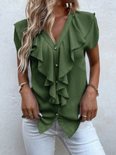 Lade das Bild in den Galerie-Viewer, Love God. Store Women Blouses Army Green / S Solid Ruffle Trim Blouse price
