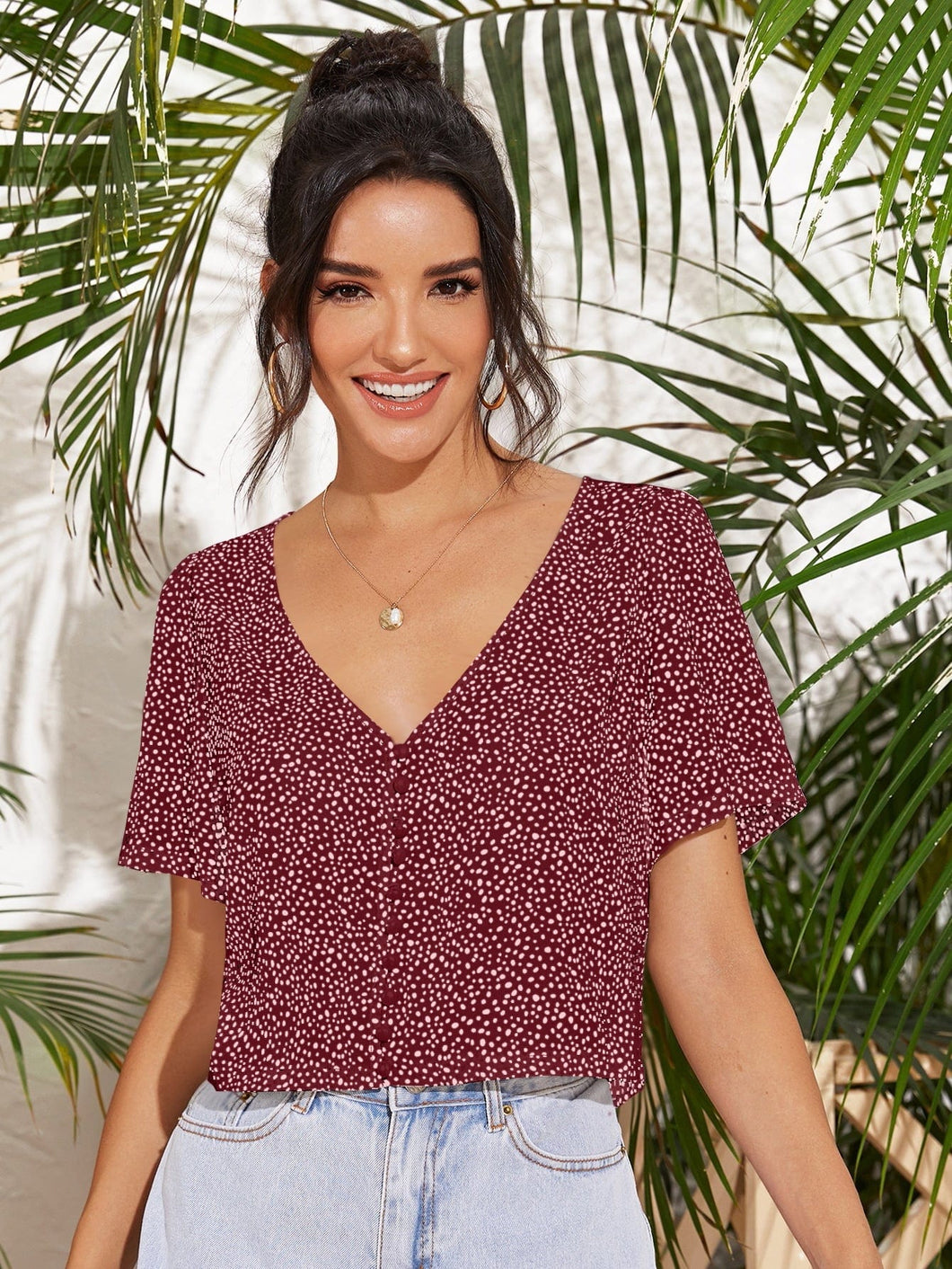 Love God. Store Women Blouses Burgundy / S Speckled Print Button Loop Top price