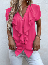 Lade das Bild in den Galerie-Viewer, Love God. Store Women Blouses Hot Pink / S Solid Ruffle Trim Blouse price
