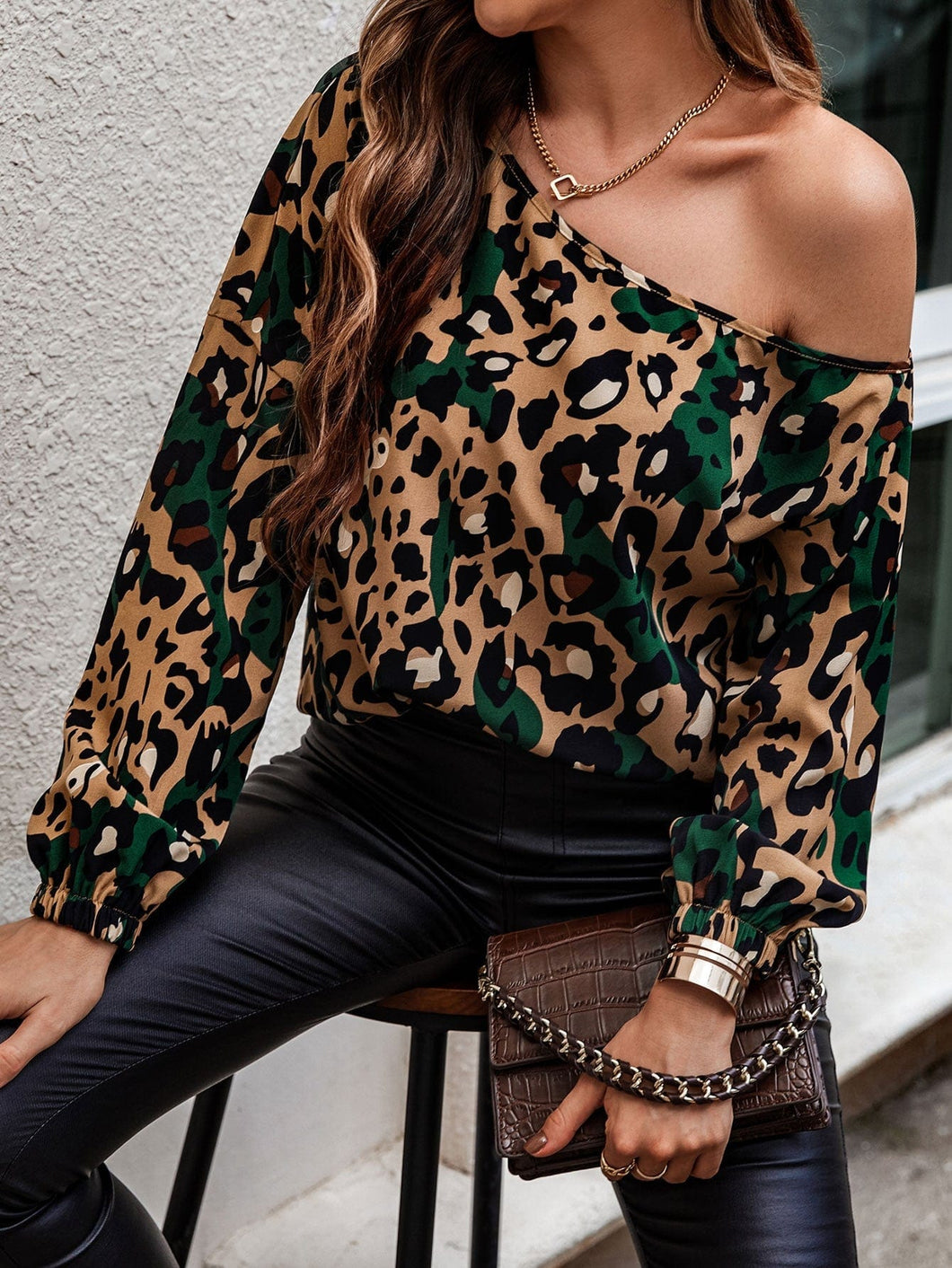 Love God. Store Women Blouses Leopard Print Asymmetrical Neck Drop Shoulder Blouse price