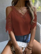 Lade das Bild in den Galerie-Viewer, Love God. Store Women Blouses Rust Brown / XS Cold Shoulder Guipure Lace Blouse price
