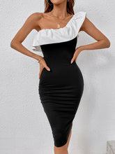 Load image into Gallery viewer, Love God. Store Women Dresses Colorblock One Shoulder Ruffle Trim Bodycon Dress price
