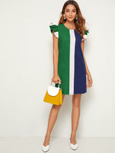 Load image into Gallery viewer, Love God. Store Women Dresses Green / XS Ruffle Armhole Colorblock Tunic Dress price
