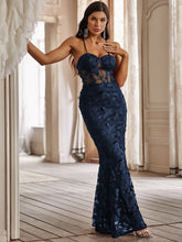 Load image into Gallery viewer, Love God. Store Women Dresses Navy Blue / S Butterfly Appliques Lace Up Guipure Lace Maxi Cami Prom Dress price
