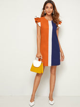 Load image into Gallery viewer, Love God. Store Women Dresses Orange / XS Ruffle Armhole Colorblock Tunic Dress price
