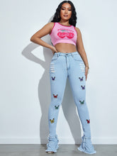 Charger l&#39;image dans la galerie, Love God. Store Women Jeans Butterfly Print Ripped Ruffle Raw Hem Jeans price
