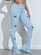 Charger l&#39;image dans la galerie, Love God. Store Women Jeans Butterfly Print Ripped Ruffle Raw Hem Jeans price
