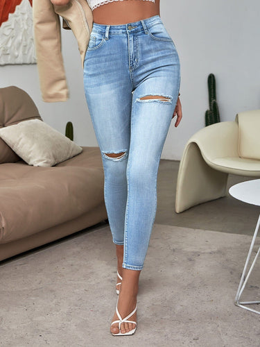 Love God. Store Women Jeans High Waist Bleach Wash Ripped Skinny Jeans price