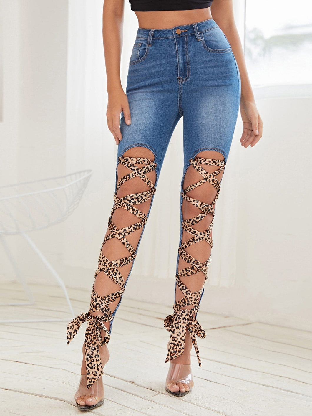 Love God. Store Women Jeans High Waisted Leopard Lace Up Front Skinny Jeans price