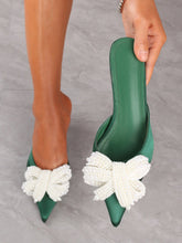 Cargar imagen en el visor de la galería, Love God. Store Women Pumps Green / CN35 Faux Pearl Bow Decor Point Toe Stiletto Heel Mule Pumps price
