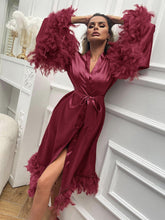 Lade das Bild in den Galerie-Viewer, Love God. Store Women Sleepwear Burgundy / XS Fuzzy Trim Belted Satin Robe price
