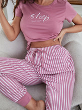 Lade das Bild in den Galerie-Viewer, Love God. Store Women Sleepwear Dusty Pink / S Eyelash Letter Graphic Tee Striped Pants PJ Set price
