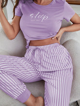Lade das Bild in den Galerie-Viewer, Love God. Store Women Sleepwear Lilac Purple / S Eyelash Letter Graphic Tee Striped Pants PJ Set price
