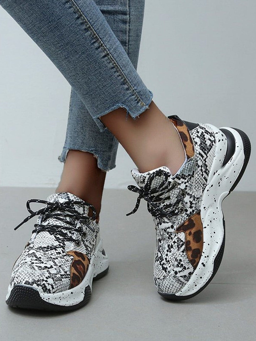 Love God. Store Women Sneakers Snakeskin Leopard Pattern Lace up Front Wedge Sneakers price