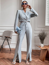 Load image into Gallery viewer, Love God. Store Women Suit Sets Dusty Blue / XS Lapel Neck Crop Blazer Split Hem Flare Leg Pants price
