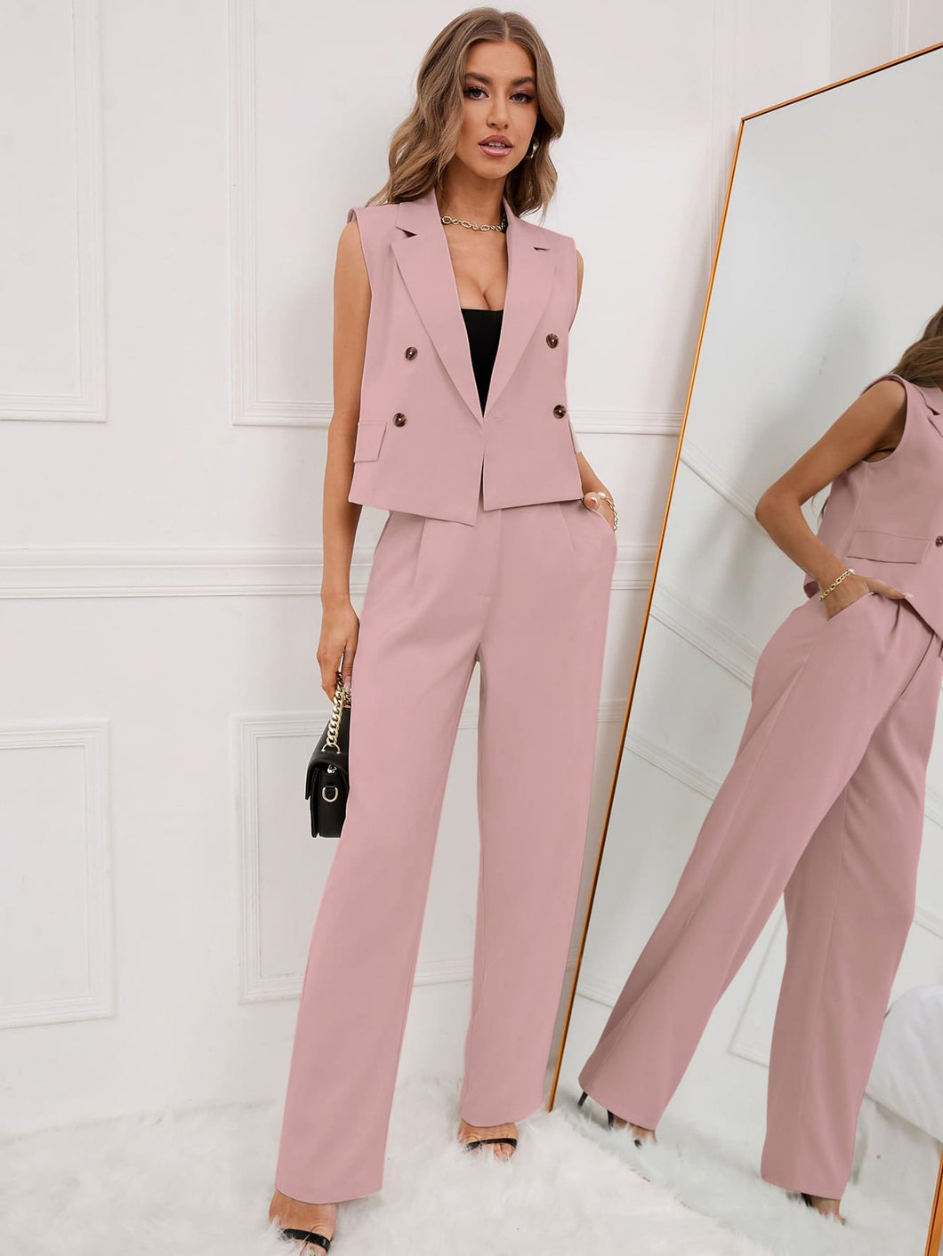 Love God. Store Women Suit Sets Dusty Pink / S Double Breasted Blazer Vest With Suit Pants price