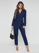 Lade das Bild in den Galerie-Viewer, Love God. Store Women Suit Sets Navy Blue / M Lapel Neck Double Breasted Blazer Pants Suit price
