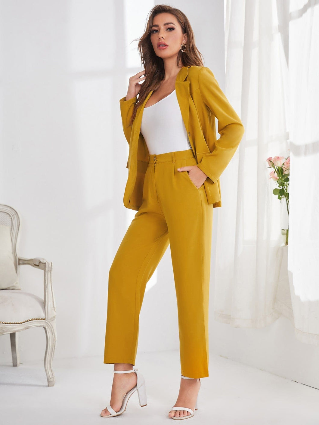 Love God. Store Women Suit Sets Solid Button Front Blazer Tailored Pants price