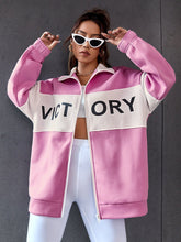 Load image into Gallery viewer, Love God. Store Women Sweatshirts Pink / XS Letter Graphic Two Tone Drop Shoulder Zip Up Sweatshirt price

