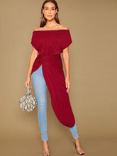 Load image into Gallery viewer, Love God. Store Women T-Shirts Burgundy / XS Twist Front Asymmetrical Hem Bardot Top price
