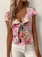 Charger l&#39;image dans la galerie, Love God. Store Women T-Shirts Floral Print Tie Front Crop Blouse price
