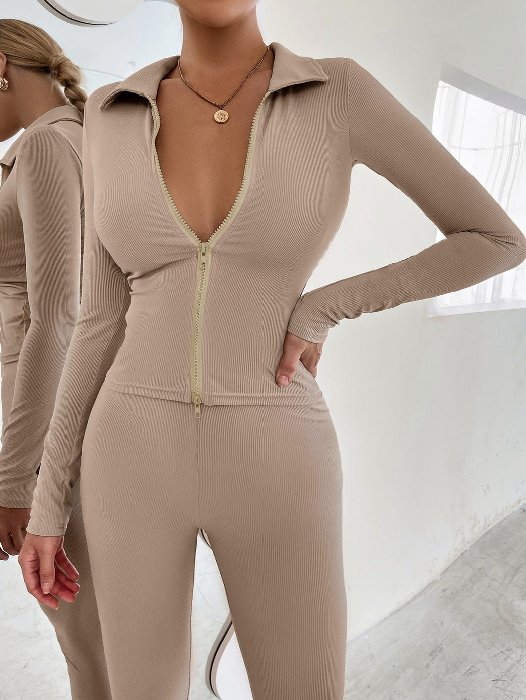 Love God. Store Women Two-piece Outfits Apricot / XS Zip Up Top Leggings Set price